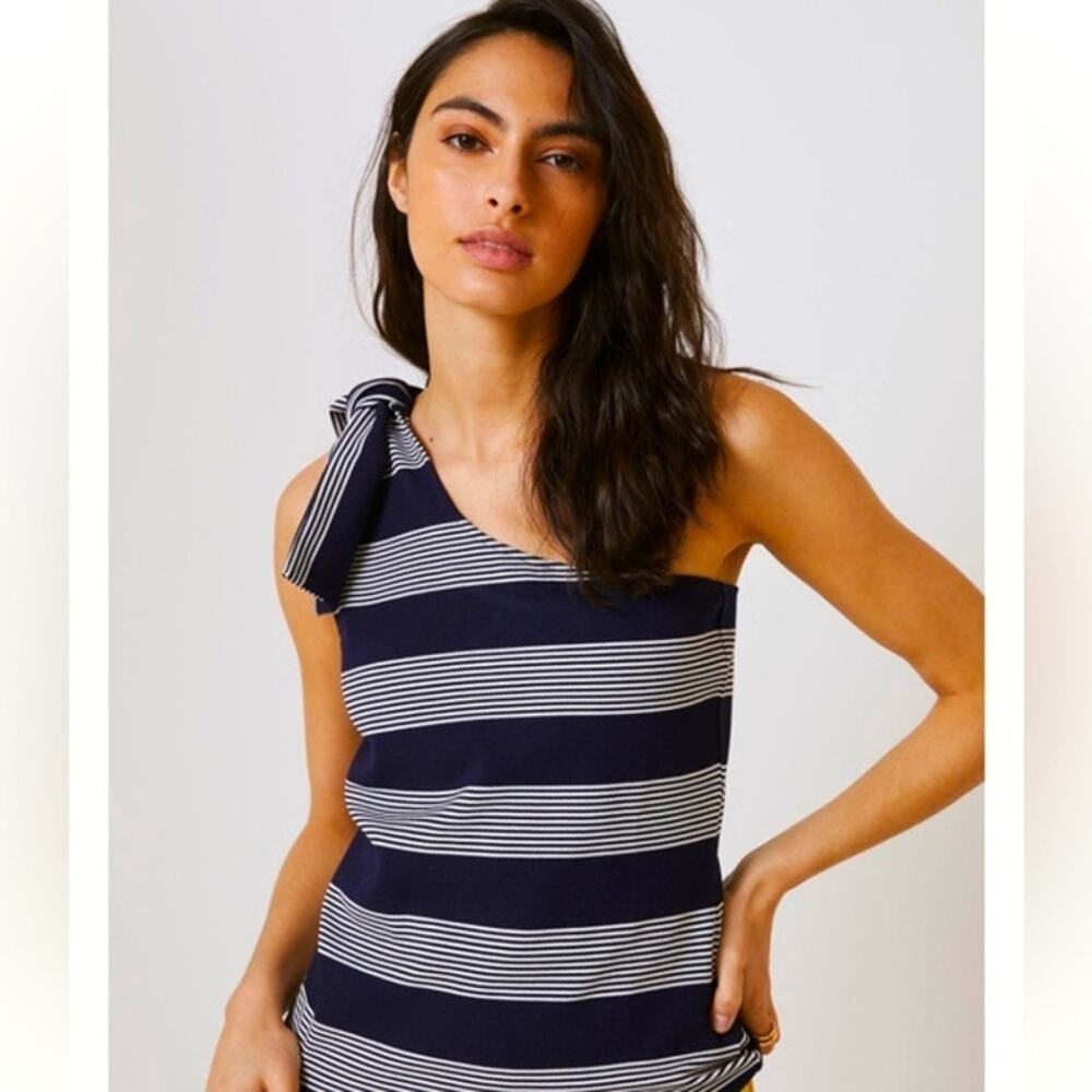 Bishop + Young Anthropologie Navy and White Stripe One Shoulder Bow Tie Tank Top